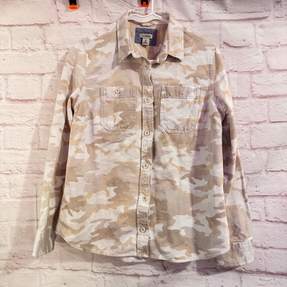L L BEAN SZ XS Tan Camo Flannel Long Sleeved Women’s Shirt 26” length